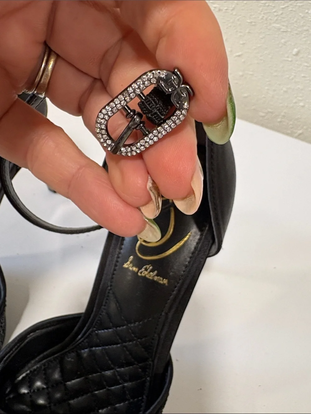 Sam Edelman Keissa Black Crystal-Embellished Ankle-Strap Heels